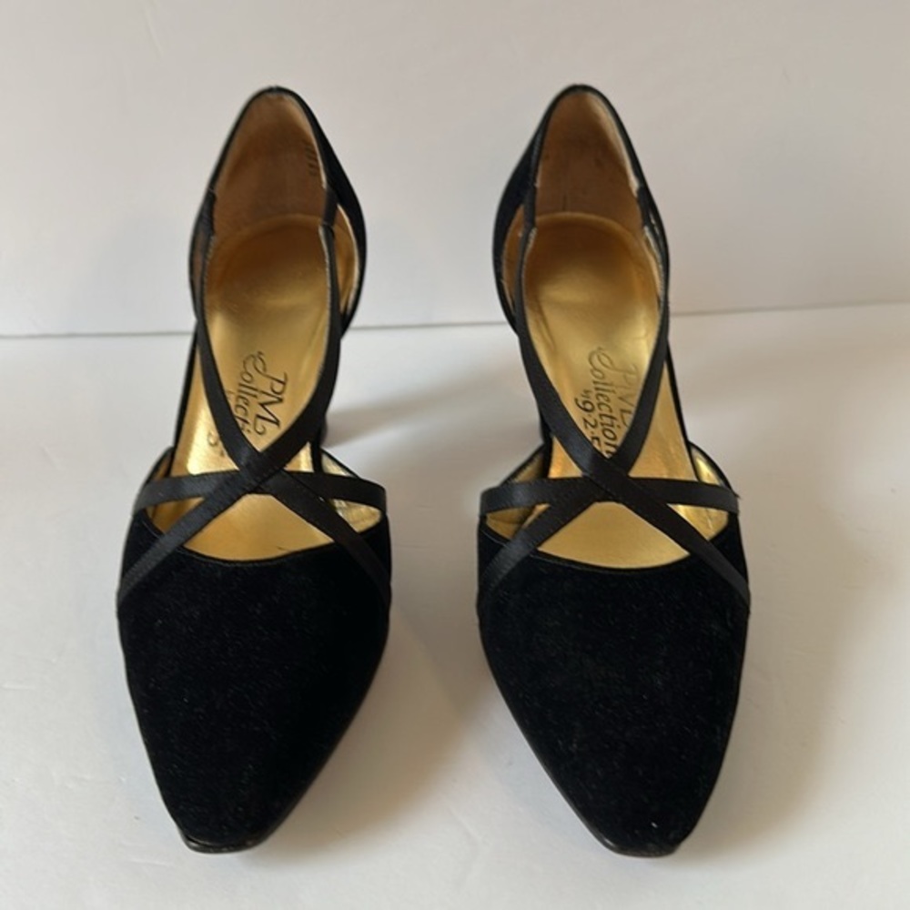 PM Collection by 925 Black Velvet & Satin Strappy Formal Evening Heels 3 inches - Picture 2 of 11